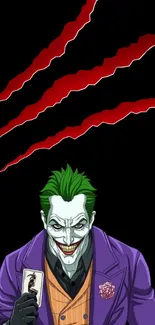 Villain with green hair and purple suit holding a card on black background.