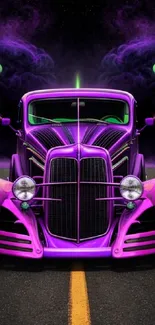 Vibrant vintage car with neon lights on a road at night.