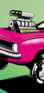 Bright pink vintage car art on a green gradient background.