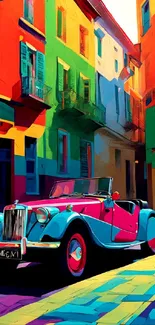 Vibrant vintage car in colorful street art scene.