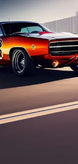 Vintage orange muscle car on a highway, showcasing speed and classic design.