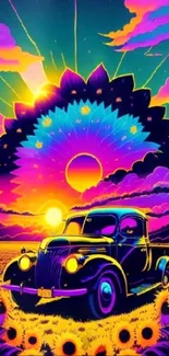 Vibrant neon vintage car with a sunflower sunset.