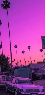 Purple sky with vintage cars and palm trees at night.