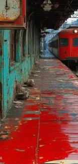 Colorful vintage train approaching a rustic platform.