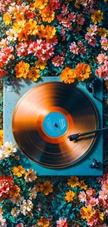 A vibrant vinyl record surrounded by colorful flowers.