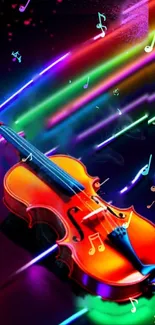 Vibrant violin with neon musical notes on a colorful background.