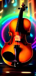 Vibrant wallpaper with a violin and neon music notes.