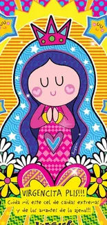 Colorful Virgin Mary mobile wallpaper with vibrant patterns and bright hues.