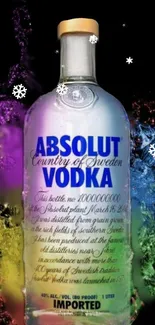 Vibrant artwork of a vodka bottle with colorful background and snowflakes.