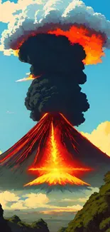 Vibrant volcanic eruption with fiery lava and ash plume.