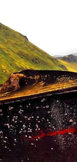 Vibrant volcanic landscape with green mountains.