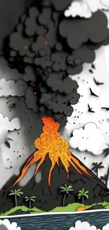 Artistic volcano eruption with smoke and lava.