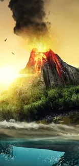 Vivid artwork of a volcanic eruption with lava, smoke, and scenic background.