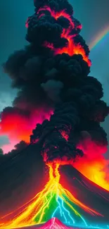 Vibrant volcano eruption with rainbow and lava.