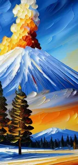 Vibrant oil-style painting of a volcanic landscape with vivid colors.