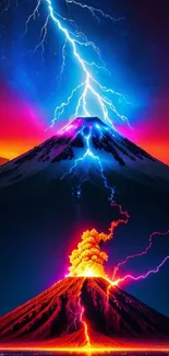 Dynamic volcano eruption with vivid lightning under a colorful sky.