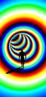 Vibrant vortex with silhouette in colorful tunnel wallpaper.