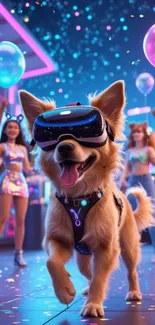 Dog wearing VR headset at a lively party with balloons.