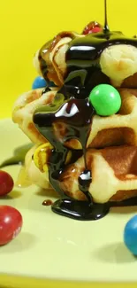 Waffles with chocolate syrup and colorful candies against a yellow backdrop.