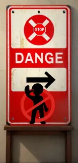 Red danger sign wallpaper with bold graphic elements.