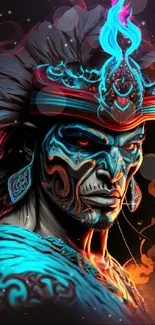 Neon warrior with tribal design and vibrant colors on dark background.