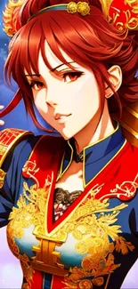 Anime warrior in vibrant red and blue attire with golden accents.