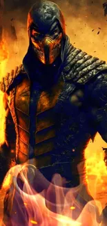 Warrior stands boldly amidst fiery flames.