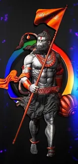 Colorful warrior holding a flag with a vibrant ring background on mobile wallpaper.