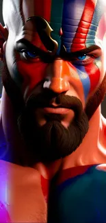 Warrior with red and blue face paint, intense gaze.