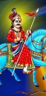 Illustration of a warrior on a blue horse, clad in vibrant traditional attire.