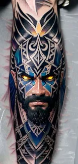 Detailed warrior tattoo with glowing eyes in dark blue tones.