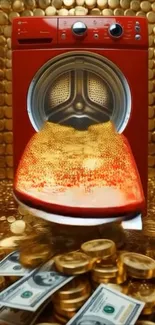 Red washing machine spilling golden coins in vibrant art.