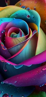 Vibrant rainbow rose with water droplets.