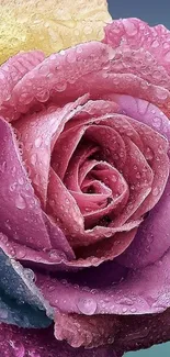 Vibrant pink rose with raindrops on petals close-up.