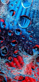 Colorful abstract wallpaper with blue and red hues and water droplets.