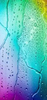 Colorful rainbow water droplets on vibrant wallpaper.