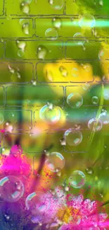 Vibrant wallpaper with water droplets and colorful design.