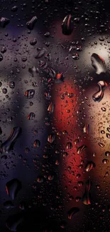 Water droplets on glass with colorful blurred lights.