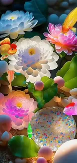 Vibrant aquatic scene with colorful water lilies and goldfish.