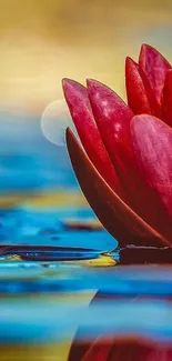 Red water lily on colorful water surface.