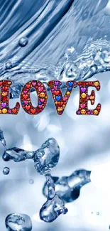 Colorful 'Love' text over a splashing water effect wallpaper.