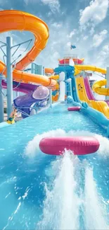 Colorful water park with vibrant slides under blue sky.