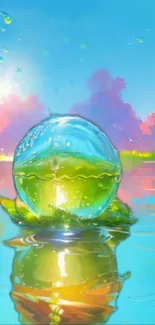 Vibrant water sphere reflecting colorful nature on a mobile wallpaper.