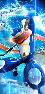 Energetic frog-like character with water-themed blue background.