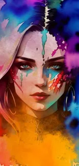 Vibrant watercolor face art with colorful splashes.