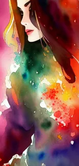 Vibrant watercolor art with colorful abstract background and woman's silhouette.