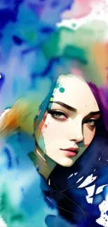 Colorful watercolor art featuring a female portrait.