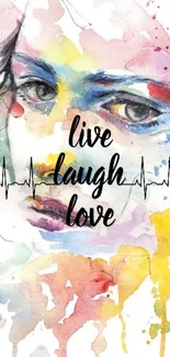 Watercolor portrait art with 'Live Laugh Love' text.