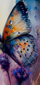 Watercolor butterfly artwork with blue and orange hues on a floral background.