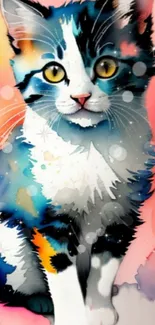 Vibrant watercolor cat art on colorful background.